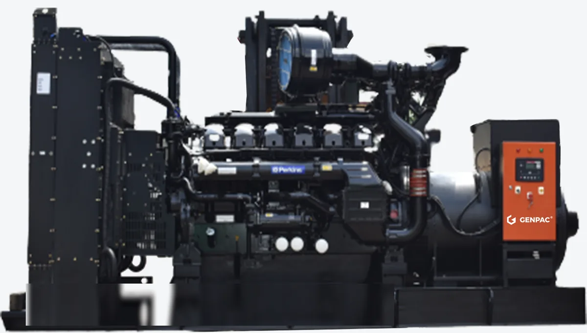 Mesin diesel Perkins 4008-TAG2 8 silinder di atas rangka genset, radiator hitam di kiri, alternator dan panel di kanan